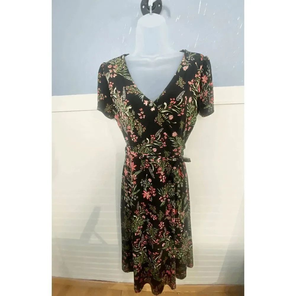 Rachel Zoe Women's Floral Print Short Sleeves Belted Wrap Dress Black